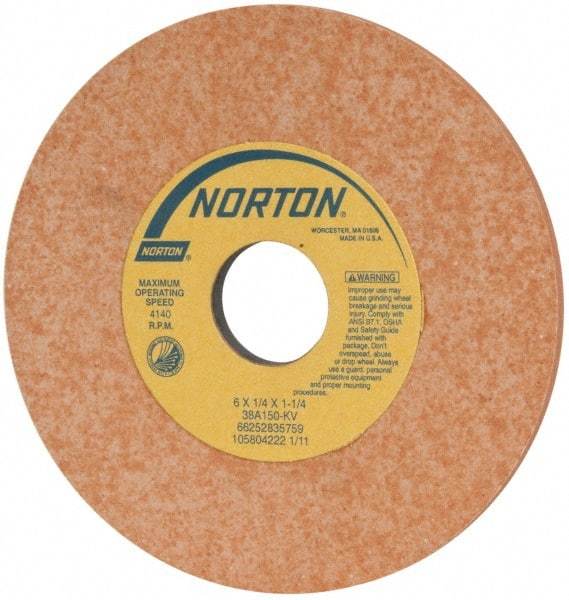 Norton - 6" Diam x 1-1/4" Hole x 1/4" Thick, K Hardness, 150 Grit Surface Grinding Wheel - Aluminum Oxide, Type 1, Very Fine Grade, 4,140 Max RPM, Vitrified Bond, No Recess - Benchmark Tooling