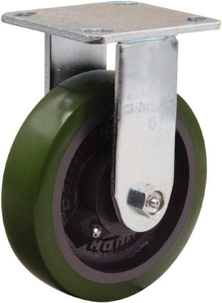 Hamilton - 6" Diam x 1-1/2" Wide x 7-1/2" OAH Top Plate Mount Rigid Caster - Polyurethane Mold onto Cast Iron Center, 550 Lb Capacity, Straight Roller Bearing, 4 x 4-1/2" Plate - Benchmark Tooling