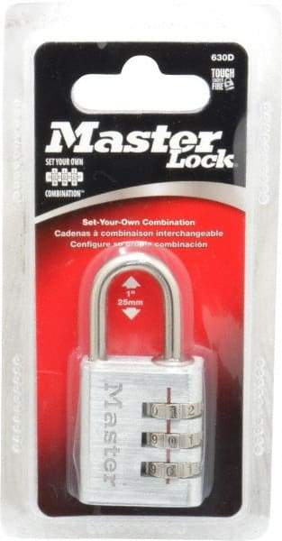 Master Lock - 1-3/16" Body Width, 1" Shackle Clearance, Die Cast Zinc Silver Coating Combination Lock - 3/16" Shackle Diam, 9/16" Shackle Width - Benchmark Tooling