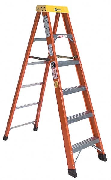 Made in USA - 5 Steps, 7 Ft. High, Type IA Rating, Fiberglass Step Ladder - Benchmark Tooling