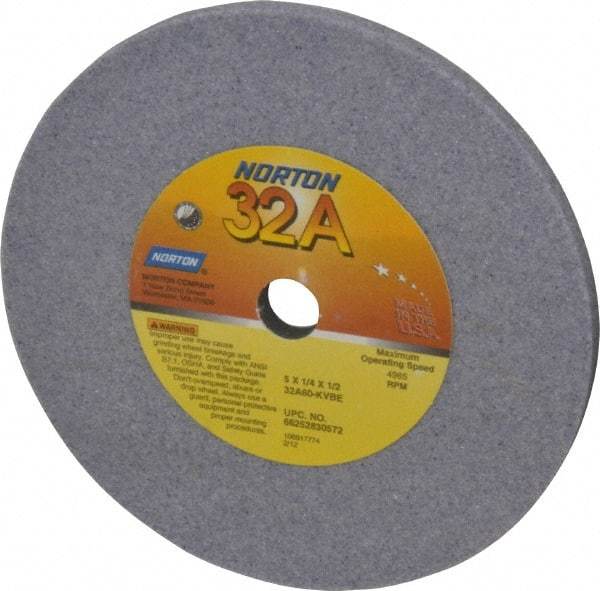 Norton - 60 Grit Aluminum Oxide Type 1 Internal Grinding Wheel - 5" Diam x 1/2" Hole x 1/4" Thick, 4965 Max RPM, Type 1 Medium Grade, K Hardness, Vitrified Bond, No Recess - Benchmark Tooling