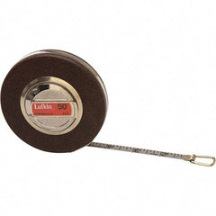 Lufkin - 50' x 3/8" White Steel Blade Tape Measure - 1/10 & 1/100" Graduation, Inch Graduation Style, Brown Vinyl Clad Steel Case - Benchmark Tooling