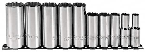 Proto - 10 Piece 3/8" Drive Deep Well Socket Set - 12 Points, 5/16" to 7/8" Range, Inch Measurement Standard - Benchmark Tooling