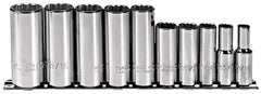 Proto - 10 Piece 3/8" Drive Deep Well Socket Set - 12 Points, 5/16" to 7/8" Range, Inch Measurement Standard - Benchmark Tooling