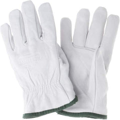 Size M Leather Abrasion, Cut & Puncture Protection Work Gloves For Work & Driver, Slip-On Cuff, Full Fingered, White/Green, Paired