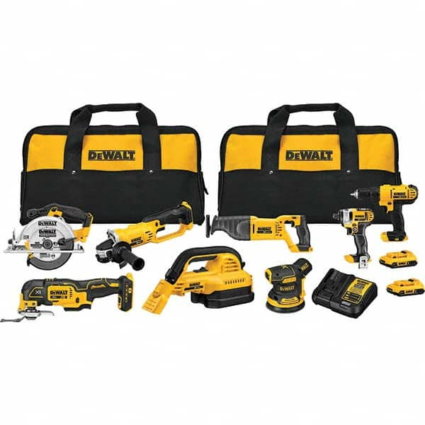 Cordless Tool Combination Kit: 20V DCD771 1/2″Cordless Drill/Driver, DCF885 1/4″Cordless Impact Driver, DCG412 4-1/2″Cordless Grinder, DCS381 Cordless Reciprocating Saw, DCS393 6-1/2″Cordless Circular Saw, (2) DCB203 Lithium Ion 2.0Ah Batteries, (2) Kit B