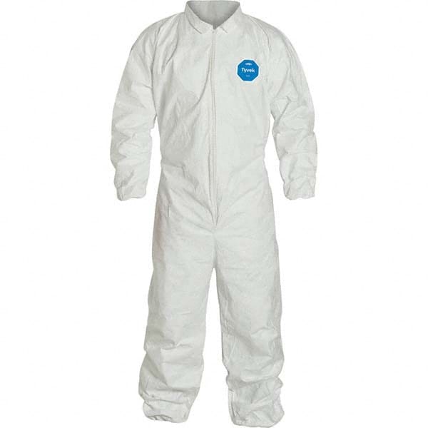 Disposable Coveralls: Size 2X-Large, 1.2 oz, Tyvek, Zipper Closure White, Serged Seam, Elastic Cuff, Elastic Ankle, ISO Non-Cleanroom Class