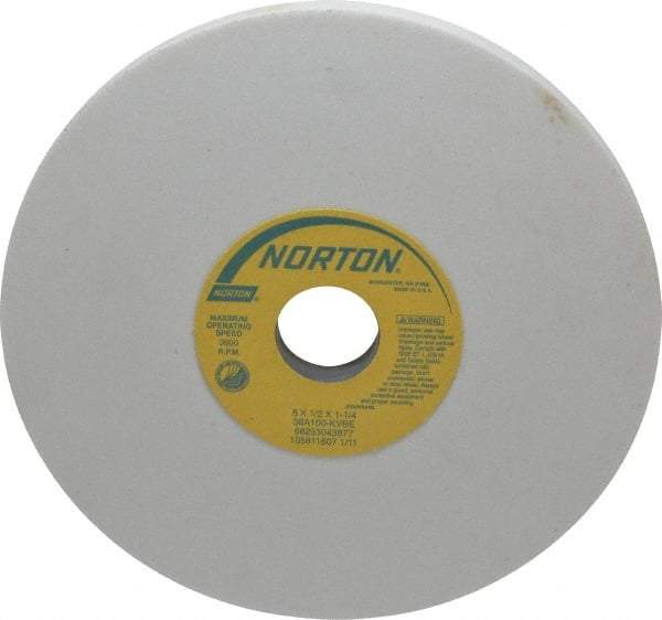 Norton - 8" Diam x 1-1/4" Hole x 1/2" Thick, K Hardness, 100 Grit Surface Grinding Wheel - Aluminum Oxide, Type 1, Fine Grade, 3,600 Max RPM, Vitrified Bond, No Recess - Benchmark Tooling