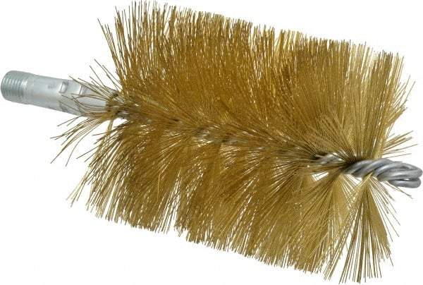 Schaefer Brush - 4-1/2" Brush Length, 3-1/2" Diam, Double Stem, Single Spiral Tube Brush - 8" Long, Brass, 1/4" NPSM Male Connection - Benchmark Tooling