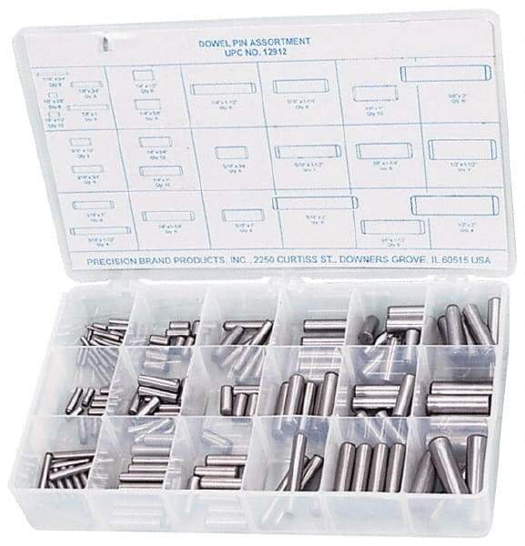 Precision Brand - 176 Piece, 1/16 to 1/2" Pin Diam, Dowel Pin Assortment - 1/2 to 2" Long, Steel, Uncoated - Benchmark Tooling