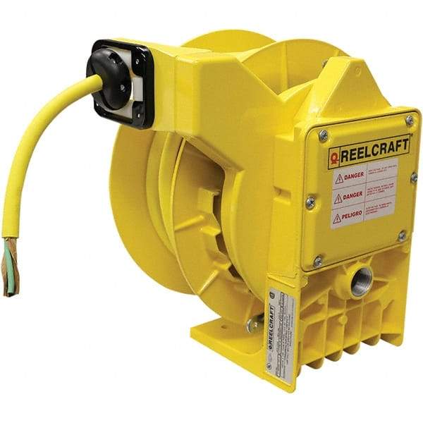 Reelcraft - 14 AWG, 45' Cable Length, Cord & Cable Reel with Flying Lead End - 0 Outlets, NEMA 4, 11 Amps, 600 Volts, SOW Cable, Yellow Reel - Benchmark Tooling