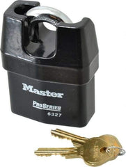 Master Lock - 3/4" Shackle Clearance, Keyed Different Padlock - 7/8" Shackle Width, 7/16" Shackle Diam, Laminated Steel - Benchmark Tooling