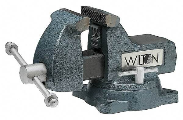 Wilton - 5" Jaw Width x 5-1/4" Jaw Opening Capacity, 3-3/4" Throat Depth, Bench & Pipe Combination Vise - 1/4 to 2-1/2" Pipe Capacity, Swivel Base, Bolt Down Attachment, Ductile Iron - Benchmark Tooling