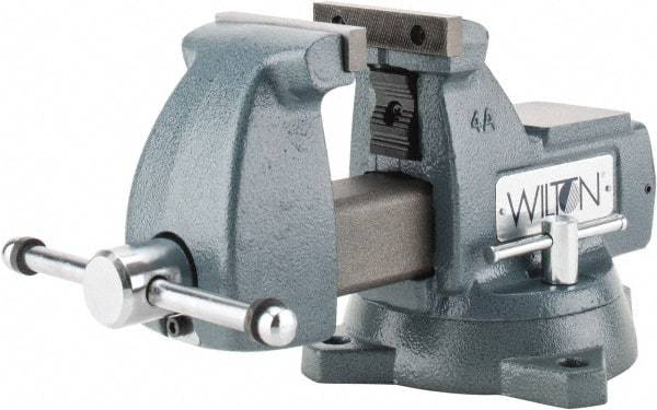 Wilton - 4" Jaw Width x 4-1/2" Jaw Opening Capacity, 3-7/16" Throat Depth, Bench & Pipe Combination Vise - 1/4 to 2" Pipe Capacity, Swivel Base, Bolt Down Attachment, Ductile Iron - Benchmark Tooling