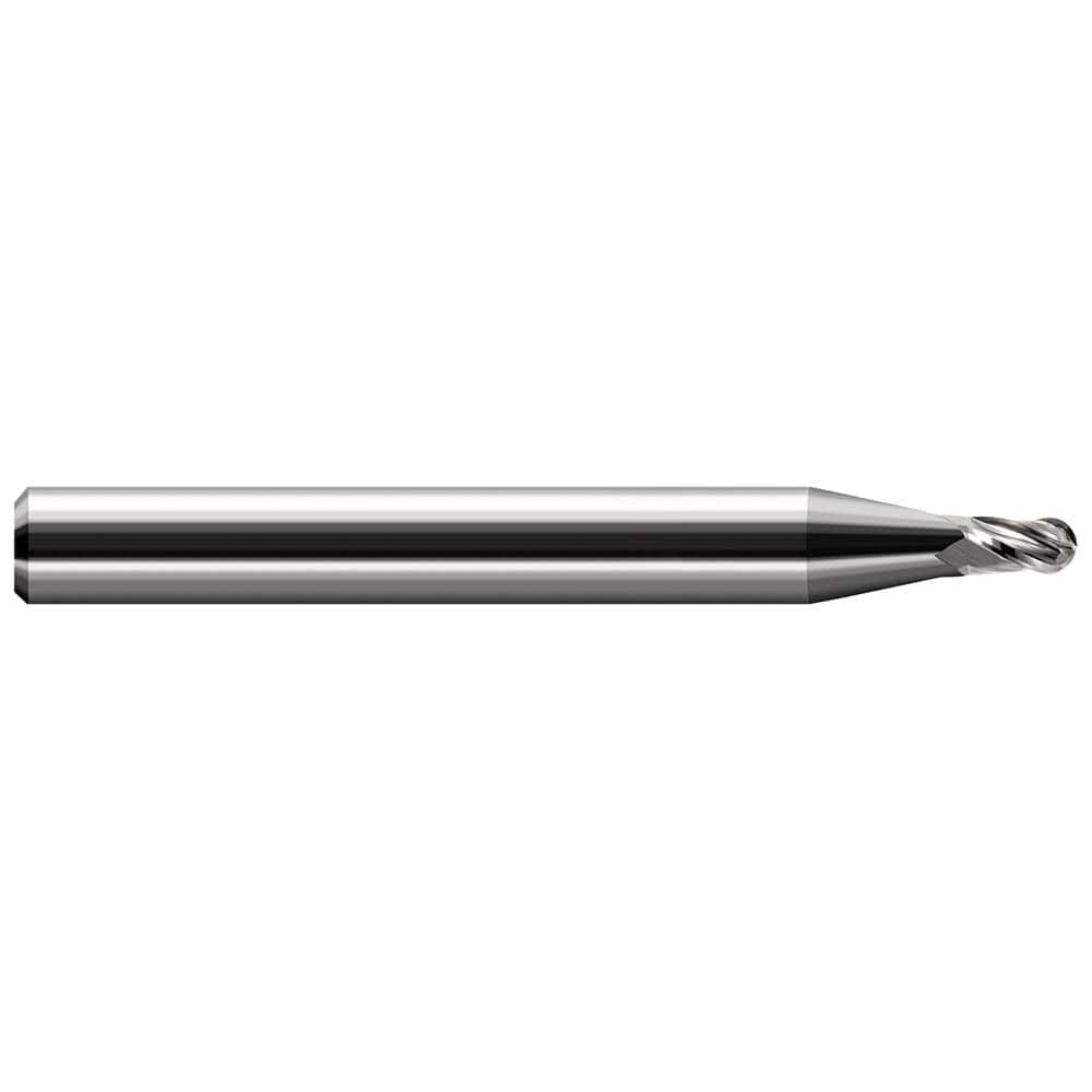 Ball End Mill: 0.2187″ Dia, 0.33″ LOC, 4 Flute, Solid Carbide 2-1/2″ OAL, 1/4″ Shank Dia, 30 ° Helix, Uncoated, Single End