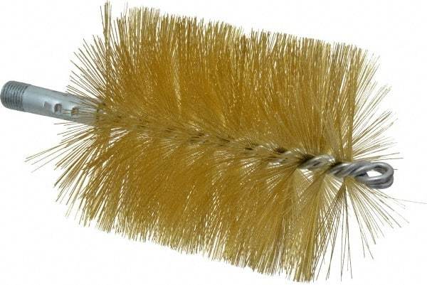 Schaefer Brush - 4-1/2" Brush Length, 4" Diam, Double Stem, Single Spiral Tube Brush - 8" Long, Brass, 1/4" NPSM Male Connection - Benchmark Tooling