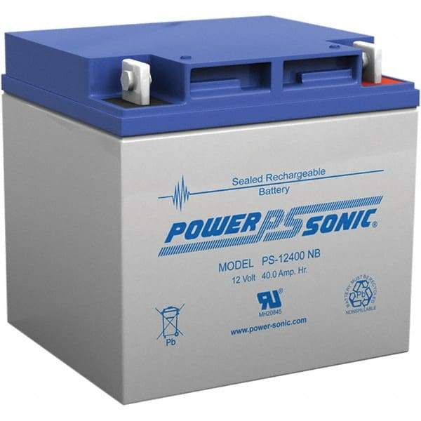 Power-Sonic - Lead-Acid, Nut/Bolt Terminal, 12 Volt, 40 Amp, Lead Rechargeable Battery - 7.5mm Hole Diam, 6mm Tab Thickness, 6-1/2" Wide x 6.69" High x 7.76" Deep - Benchmark Tooling