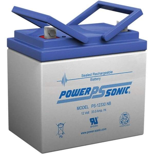 Power-Sonic - Lead-Acid, Nut/Bolt Terminal, 12 Volt, 33 Amp, Lead Rechargeable Battery - 6mm Hole Diam, 6mm Tab Thickness, 5.14" Wide x 6.22" High x 7.72" Deep - Benchmark Tooling