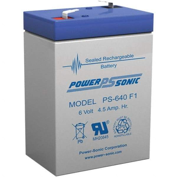 Power-Sonic - Lead-Acid, Quick-Disconnect Tab Terminal, 6 Volt, 4.5 Amp, Lead Rechargeable Battery - 3/16" Tab Width x 0.8mm Tab Thickness, 1.86" Wide x 3.94" High x 2.76" Deep - Benchmark Tooling