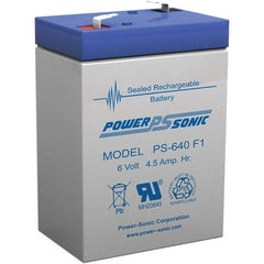 Power-Sonic - Lead-Acid, Quick-Disconnect Tab Terminal, 6 Volt, 4.5 Amp, Lead Rechargeable Battery - 3/16" Tab Width x 0.8mm Tab Thickness, 1.86" Wide x 3.94" High x 2.76" Deep - Benchmark Tooling