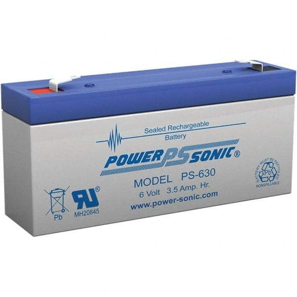 Power-Sonic - Lead-Acid, Quick-Disconnect Tab Terminal, 6 Volt, 3.5 Amp, Lead Rechargeable Battery - 3/16" Tab Width x 0.8mm Tab Thickness, 1.34" Wide x 2.35" High x 5.28" Deep - Benchmark Tooling