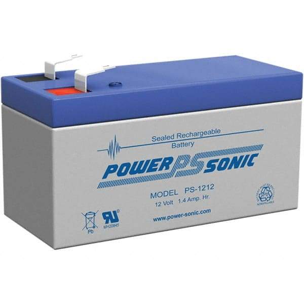 Power-Sonic - Lead-Acid, Quick-Disconnect Tab Terminal, 12 Volt, 1.4 Amp, Lead Rechargeable Battery - 3/16" Tab Width x 0.8mm Tab Thickness, 1.69" Wide x 2.04" High x 3.78" Deep - Benchmark Tooling