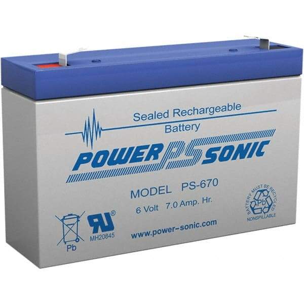 Power-Sonic - Lead-Acid, Quick-Disconnect Tab Terminal, 6 Volt, 7 Amp, Lead Rechargeable Battery - 3/16" Tab Width x 0.8mm Tab Thickness, 1.34" Wide x 3.7" High x 5.95" Deep - Benchmark Tooling
