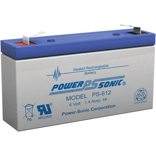 Power-Sonic - Lead-Acid, Quick-Disconnect Tab Terminal, 6 Volt, 1.4 Amp, Lead Rechargeable Battery - 3/16" Tab Width x 0.8mm Tab Thickness, 0.94" Wide x 2" High x 3.82" Deep - Benchmark Tooling