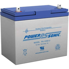 Power-Sonic - Lead-Acid, Nut/Bolt Terminal, 12 Volt, 55 Amp, Lead Rechargeable Battery - 6mm Hole Diam, 13mm Tab Thickness, 5.45" Wide x 8.15" High x 9.04" Deep - Benchmark Tooling