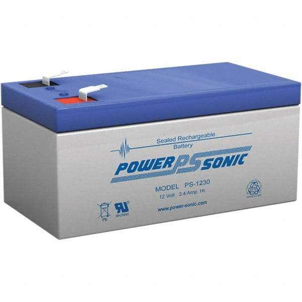 Power-Sonic - Lead-Acid, Quick-Disconnect Tab Terminal, 12 Volt, 3.4 Amp, Lead Rechargeable Battery - 3/16" Tab Width x 0.8mm Tab Thickness, 2.64" Wide x 2.36" High x 5.24" Deep - Benchmark Tooling