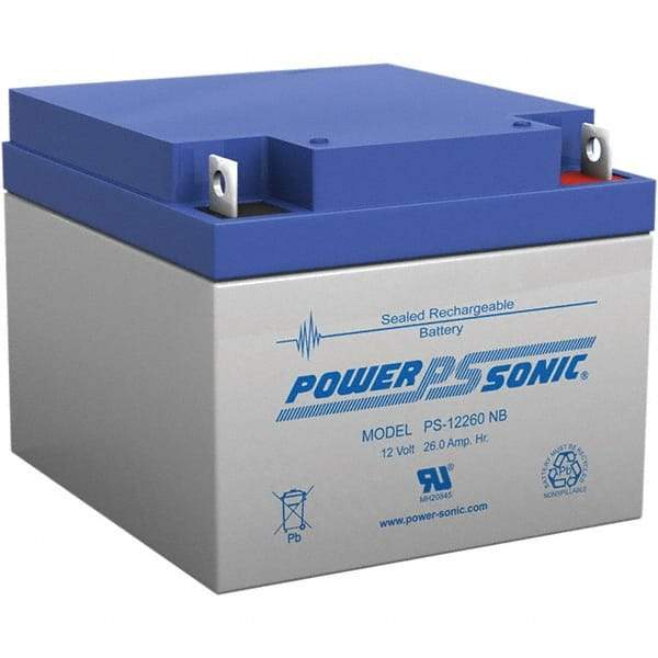 Power-Sonic - Lead-Acid, Nut/Bolt Terminal, 12 Volt, 26 Amp, Lead Rechargeable Battery - 5mm Hole Diam, 2mm Tab Thickness, 6.97" Wide x 4.92" High x 6.56" Deep - Benchmark Tooling