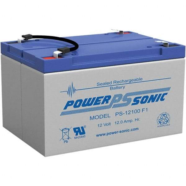 Power-Sonic - Lead-Acid, Quick-Disconnect Tab Terminal, 12 Volt, 12 Amp, Lead Rechargeable Battery - 3/16" Tab Width x 0.8mm Tab Thickness, 4" Wide x 3.7" High x 5.95" Deep - Benchmark Tooling