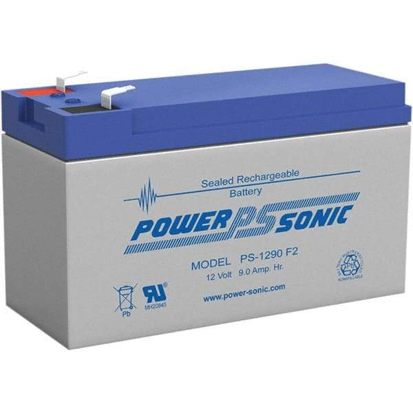 Power-Sonic - Lead-Acid, Quick-Disconnect Tab Terminal, 12 Volt, 9 Amp, Lead Rechargeable Battery - 1/4" Tab Width x 0.8mm Tab Thickness, 2.56" Wide x 3.7" High x 5.95" Deep - Benchmark Tooling