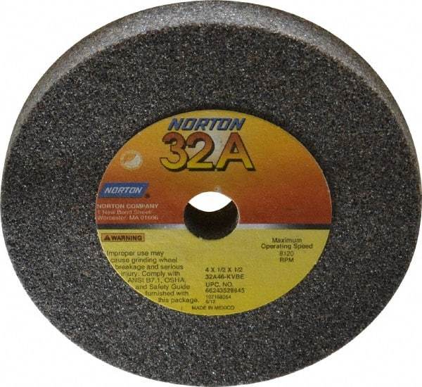 Norton - 46 Grit Aluminum Oxide Type 1 Internal Grinding Wheel - 4" Diam x 1/2" Hole x 1/2" Thick, 8,120 Max RPM, Type 1 Coarse Grade, K Hardness, Vitrified Bond, No Recess - Benchmark Tooling