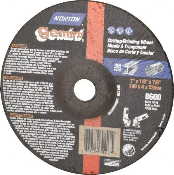 Norton - 7" Wheel Diam, 1/8" Wheel Thickness, 7/8" Arbor Hole, Type 27 Depressed Center Wheel - Aluminum Oxide, 8,600 Max RPM, Compatible with Angle Grinder - Benchmark Tooling