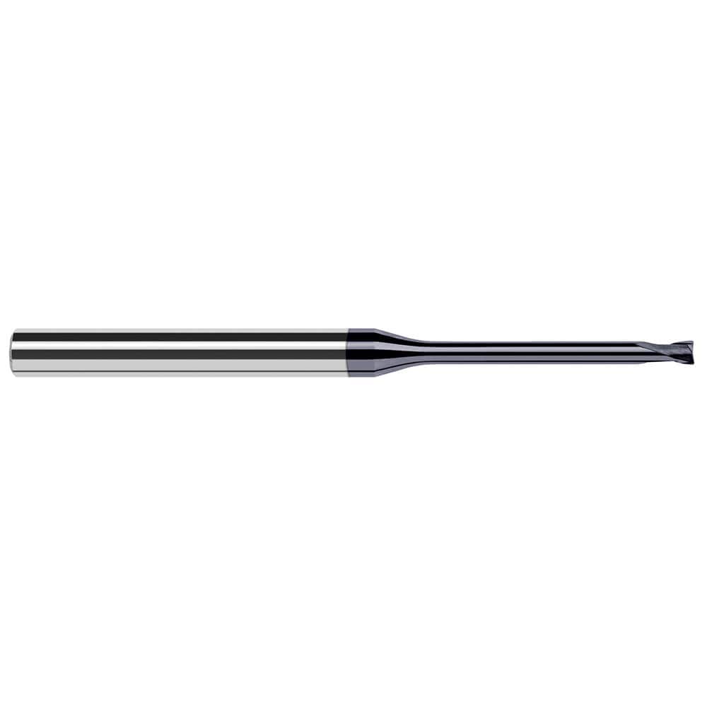 Corner Radius End Mill: 0.047″ Dia, 0.038″ LOC, 0.008″ Radius, 2 Flutes, Solid Carbide 2-1/2″ OAL, 1/4″ Shank Dia, 20 ° Helix, AlTiN Coated, Corner Radius End