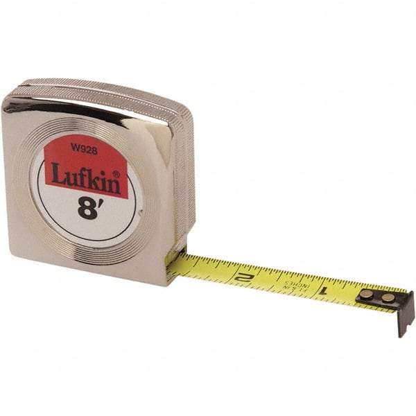 Lufkin - 12' x 3/4" Yellow Steel Blade Tape Measure - 1/16" Graduation, Inch Graduation Style, Chrome ABS Plastic Case - Benchmark Tooling