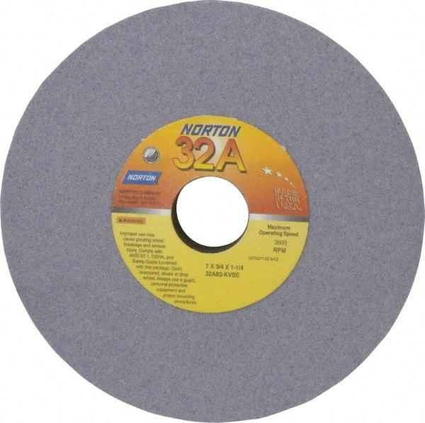 Norton - 7" Diam x 1-1/4" Hole x 3/4" Thick, K Hardness, 80 Grit Surface Grinding Wheel - Aluminum Oxide, Medium Grade, 3,600 Max RPM, Vitrified Bond - Benchmark Tooling