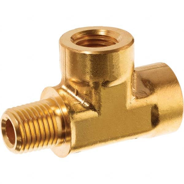 Brass Pipe Run Tee: 1/4″ Fitting, Threaded, FNPT x FNPT x MNPT FNPT x FNPT x MNPT Ends, 2,800 psi, Brass Finish, Class Instrumentation