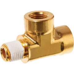 Brass Pipe Run Tee: 1/2″ Fitting, FNPT x FNPT x MNPT FNPT x FNPT x MNPT w/Thread Sealant Ends, 2,000 psi, Brass Finish, Class Instrumentation