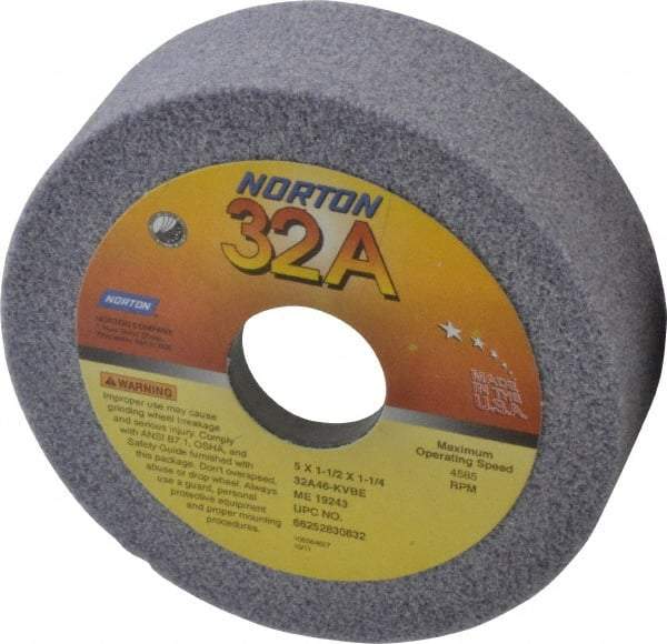 Norton - 5" Diam, 1-1/4" Hole Size, 1-1/2" Overall Thickness, 46 Grit, Type 6 Tool & Cutter Grinding Wheel - Coarse Grade, Aluminum Oxide, K Hardness, Vitrified Bond, 4,585 RPM - Benchmark Tooling