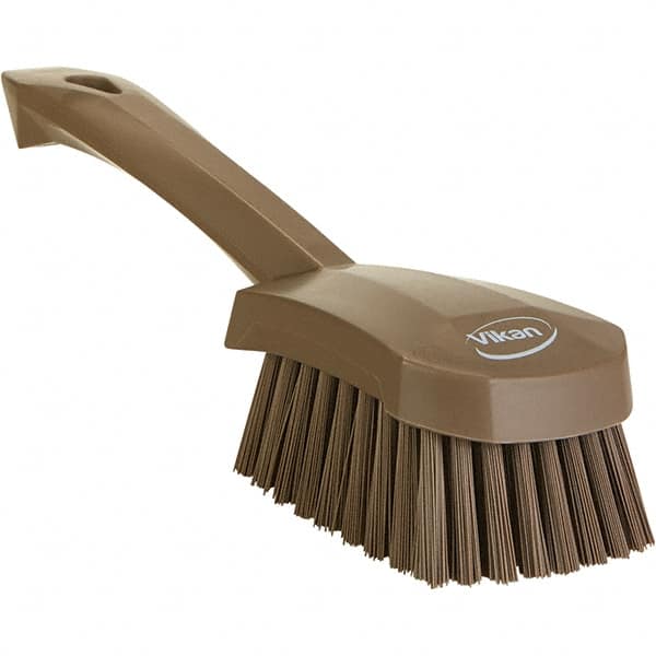 Vikan - 1.3" Bristle Length, Polyester Scrub Brush - 4-1/4" Long x 2-3/4" Wide Head, 10" OAL, Ergonomic Handle, Brown, Polypropylene Block - Benchmark Tooling