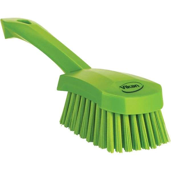 Vikan - 1.3" Bristle Length, Polyester Scrub Brush - 4-1/4" Long x 2-3/4" Wide Head, 10" OAL, Ergonomic Handle, Green, Polypropylene Block - Benchmark Tooling