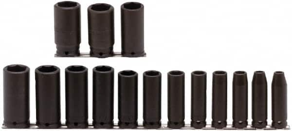 Proto - 15 Piece 1/2" Drive Deep Well Impact Socket Set - 6 Points, 3/8" to 1-1/4" Range, Inch Measurement Standard - Benchmark Tooling