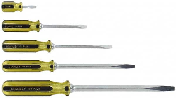 Stanley - 5 Piece Slotted & Stubby Screwdriver Set - Blade Sizes: Length 1-1/2, 4, 6, 8 & 12, Width 1/4, 5/16 & 3/8 - Benchmark Tooling