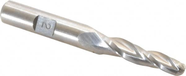 Made in USA - 2° Taper Angle per Side, 1/4" Small End Diam, 1-1/4" LOC, High Speed Steel 3 Flute Tapered Ball End Mill - 3-1/8" OAL, 3/8" Shank Diam - Benchmark Tooling