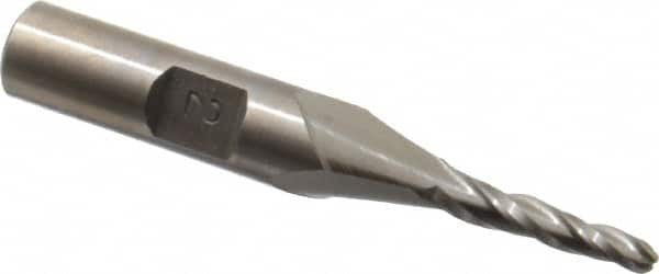 Made in USA - 2° Taper Angle per Side, 1/8" Small End Diam, 3/4" LOC, High Speed Steel 3 Flute Tapered Ball End Mill - 2-1/2" OAL, 3/8" Shank Diam - Benchmark Tooling