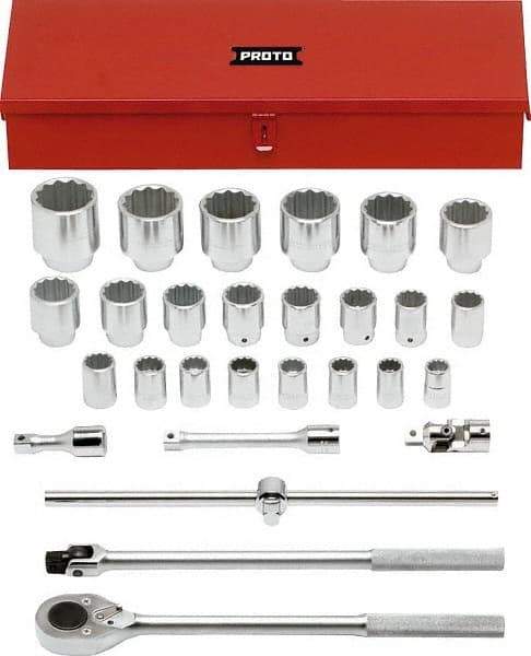 Proto - 28 Piece 3/4" Drive Chrome Finish Socket Set - 12 Points, 21mm to 60mm Range, Metric Measurement Standard - Benchmark Tooling