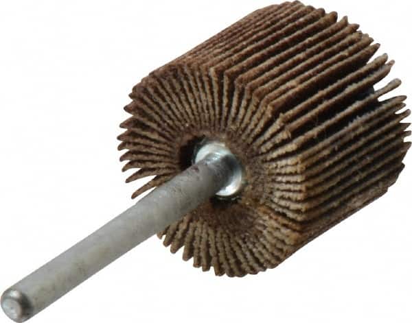 Merit Abrasives - 3/4" Diam x 5/8" Face Width, Fine Aluminum Oxide Coated Mounted Flap Wheel - 1/8" Shank Mount, 120 Grit, Cloth Backing, 35,000 Max RPM - Benchmark Tooling