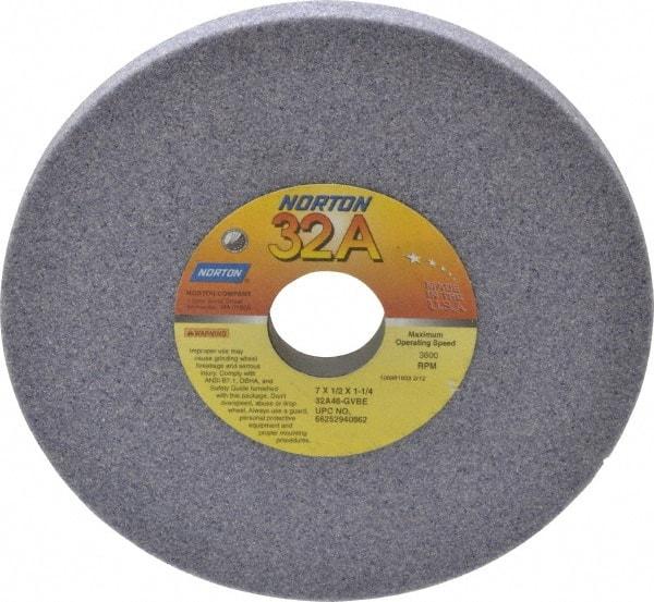 Norton - 7" Diam x 1-1/4" Hole x 1/2" Thick, G Hardness, 46 Grit Surface Grinding Wheel - Aluminum Oxide, Type 1, Coarse Grade, 3,600 Max RPM, Vitrified Bond, No Recess - Benchmark Tooling